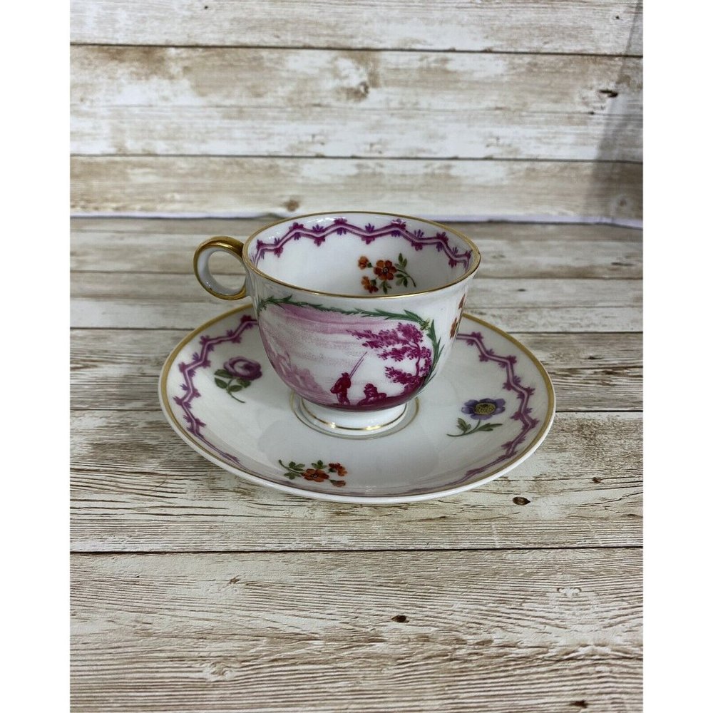 Haviland Malmaison Cup and Saucer Purple Fishing Scene Antique HTF - Picture 11 of 11